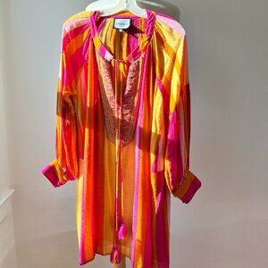 Bright pink heavily beaded kaftan o/s with tassels, vibrant sequined beach cover